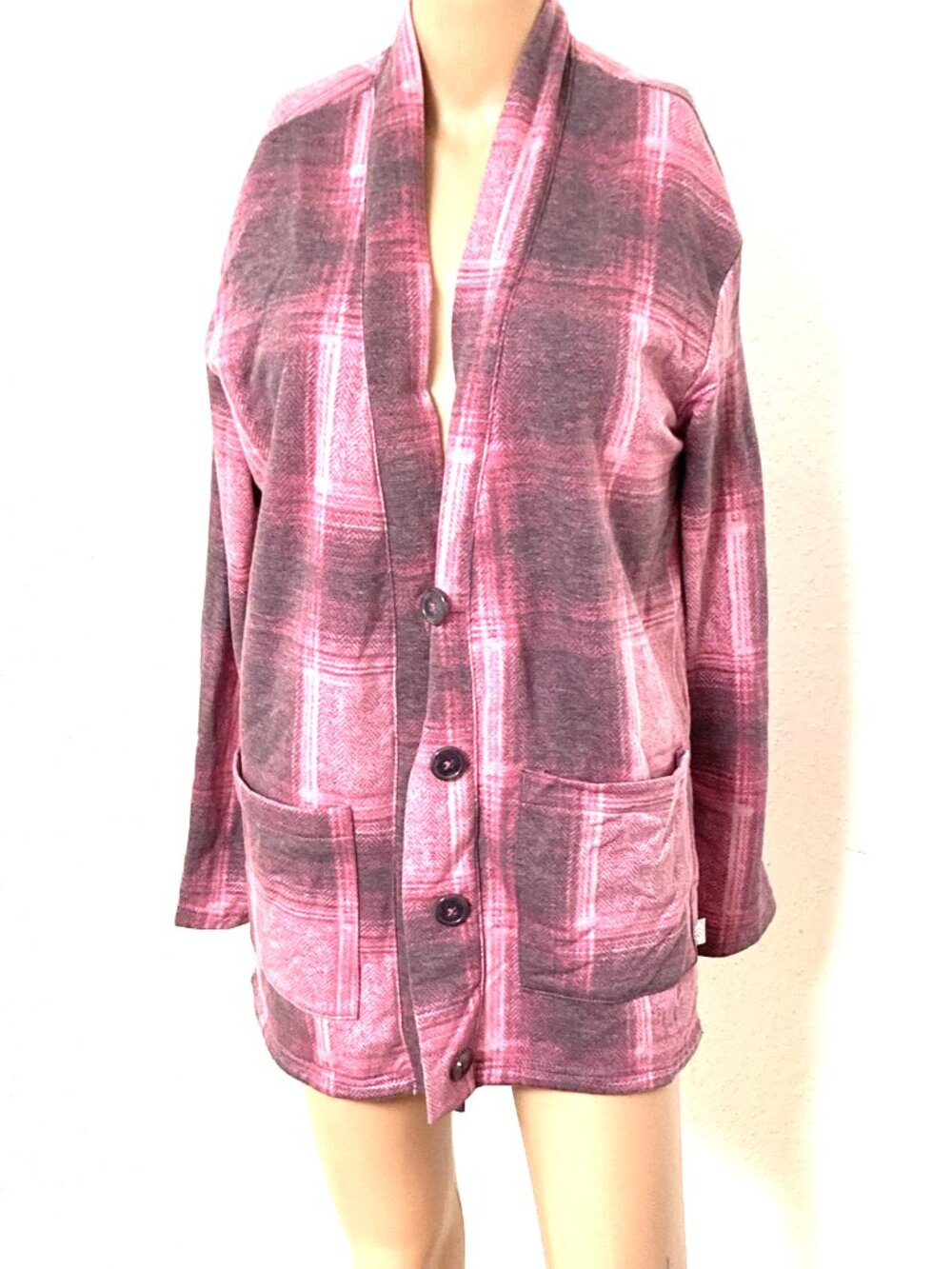 Free Country Women's M Pink Gray Plaid Mid-Length Jacket Button Front Pockets